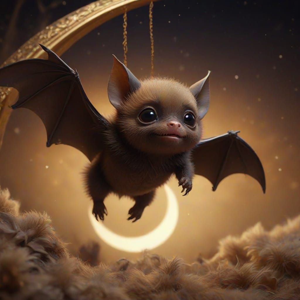 Baby Bat Dozing on Crescent Moon: Hyperrealistic Art