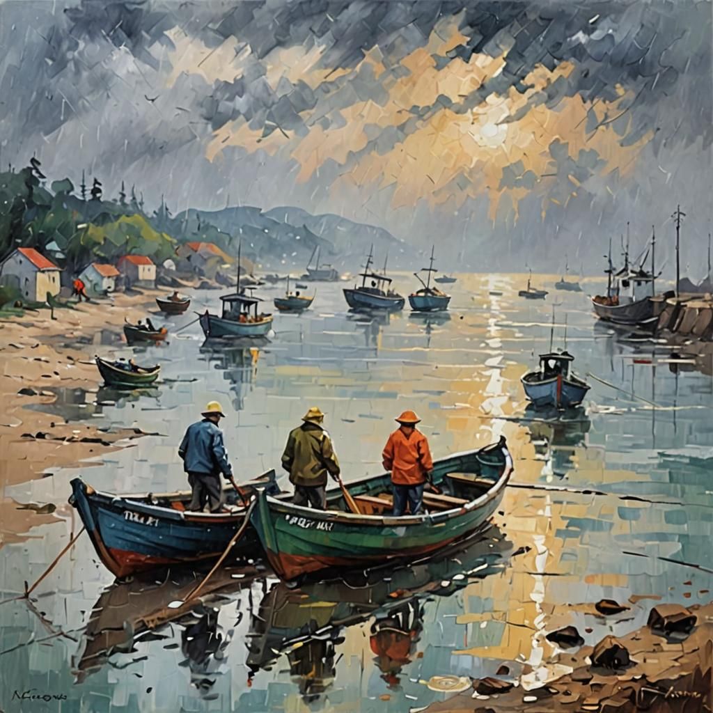 Impressionistic Rainy Day Fishermen Abstract Painting