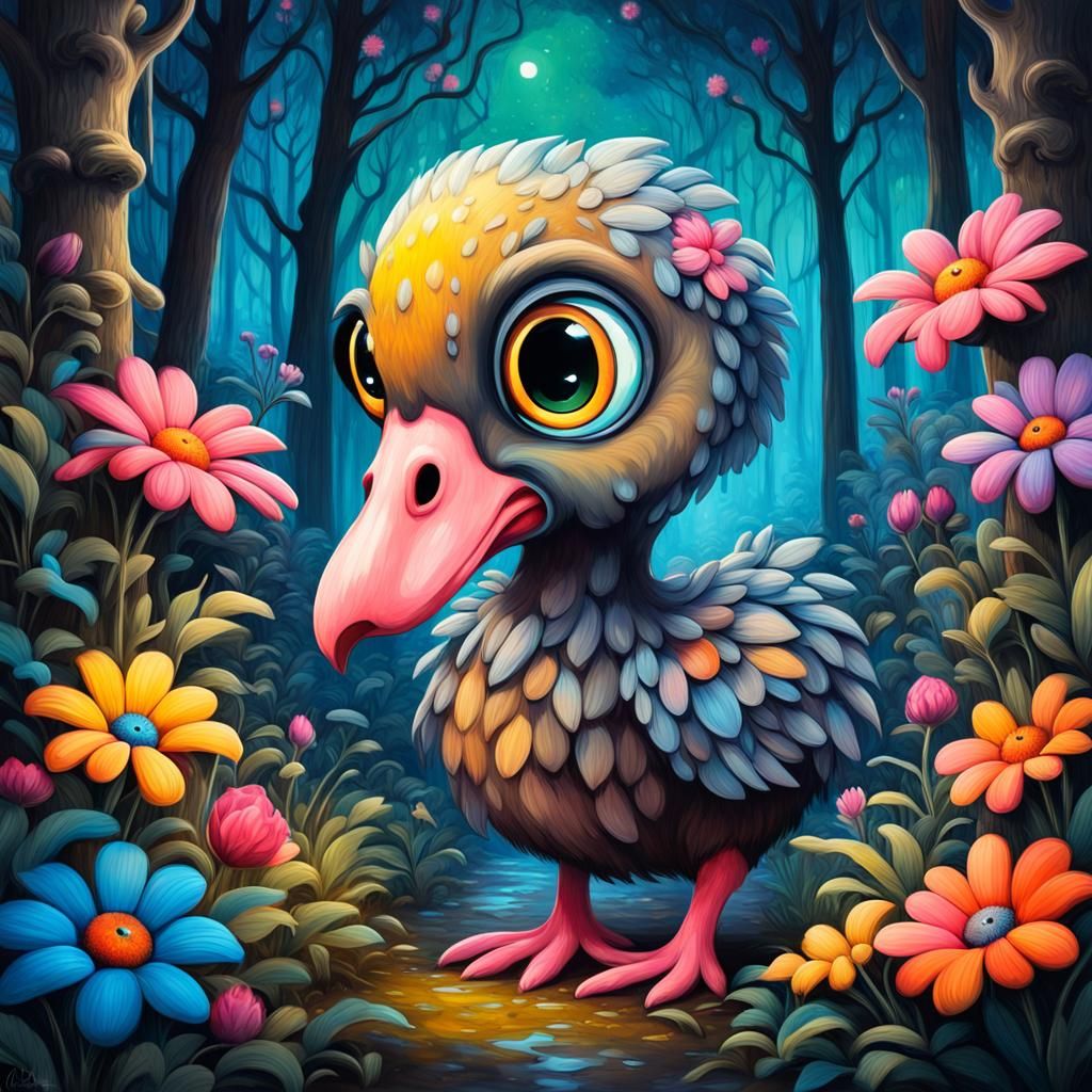 Chibified Dodo in Enchanted Forest, Graffiti Art Style