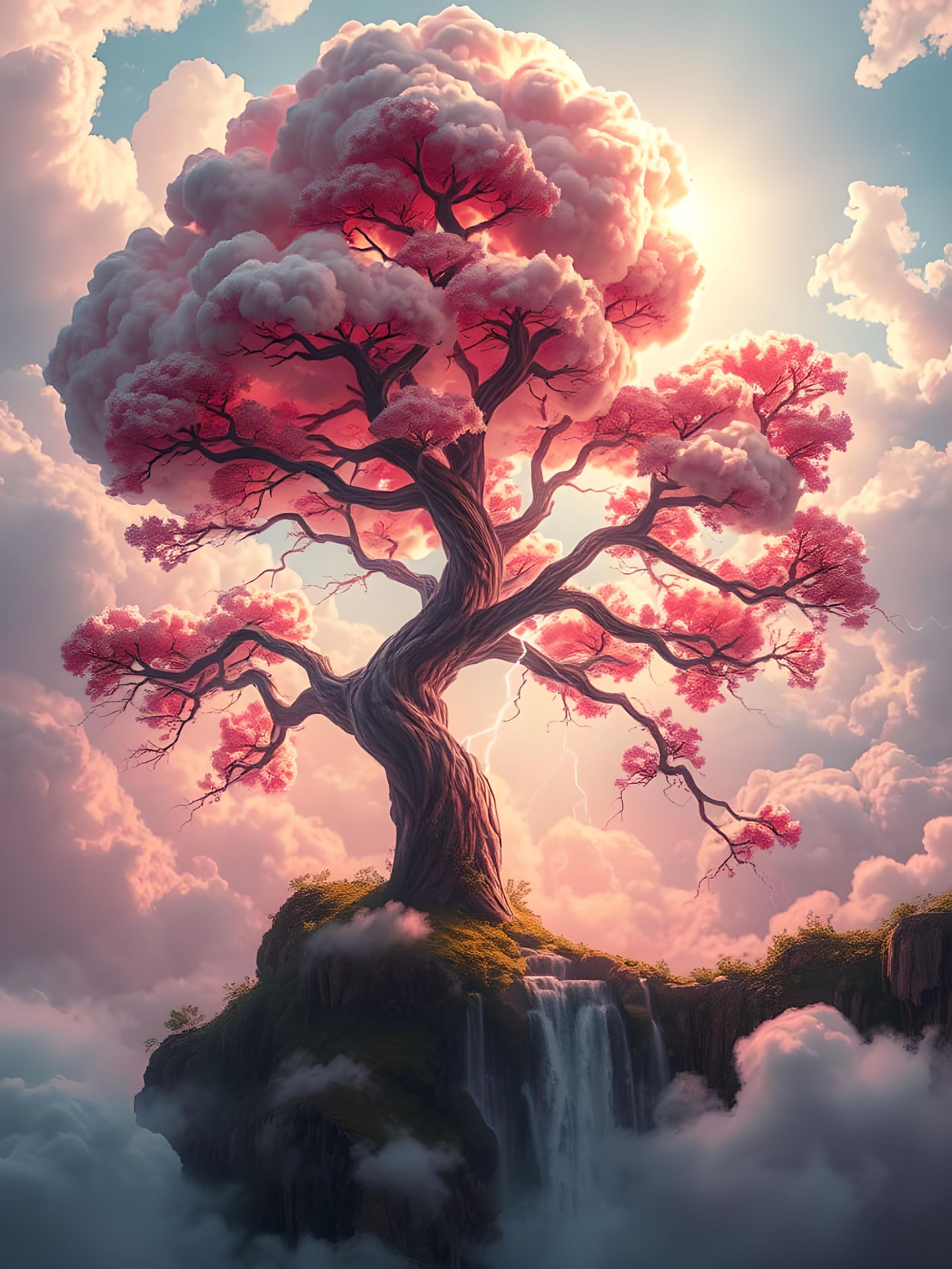 Pink Cloud Tree with Electric Sun: Surreal Photorealism