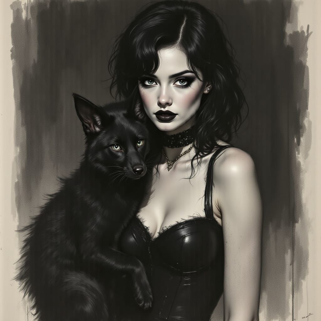 A Dark and Mysterious Woman Holds a Black Fox Pup in a Charc...
