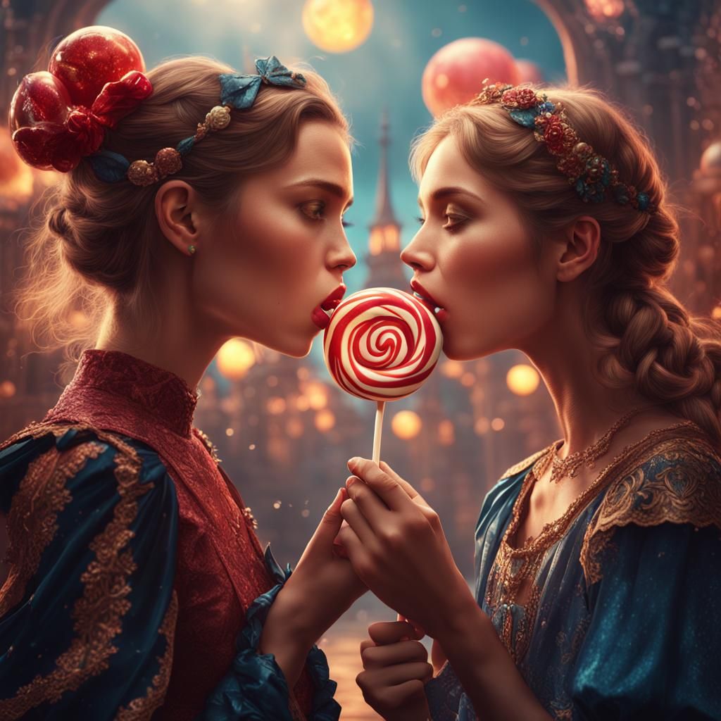 Romantic Women Share Lollipop: Detailed Fantasy Art