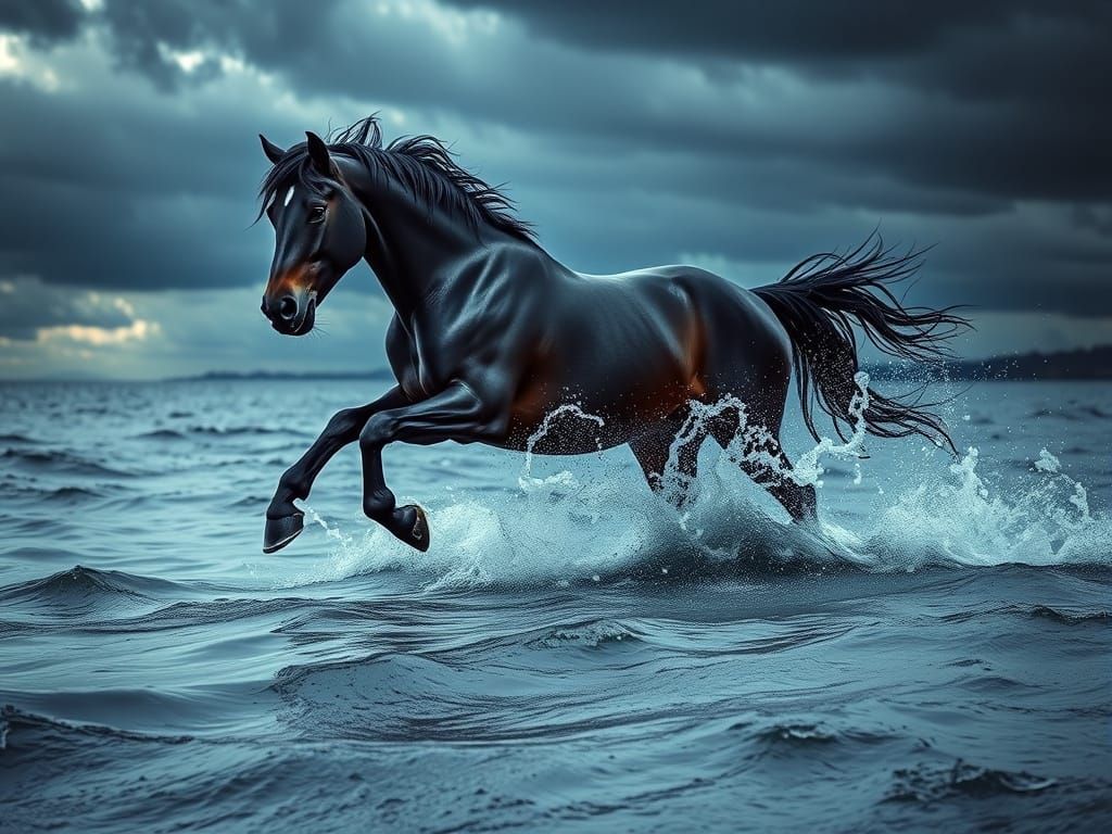 Majestic Black Horse Defies Gravity on Turbulent Lake