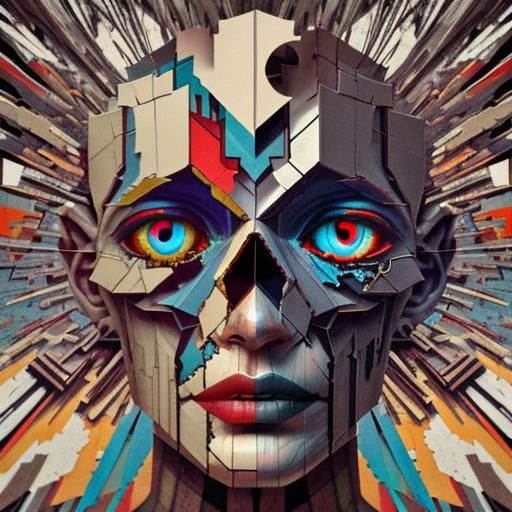 Fragmented Face: A Surreal Digital Collage in Dark Fantasy S...