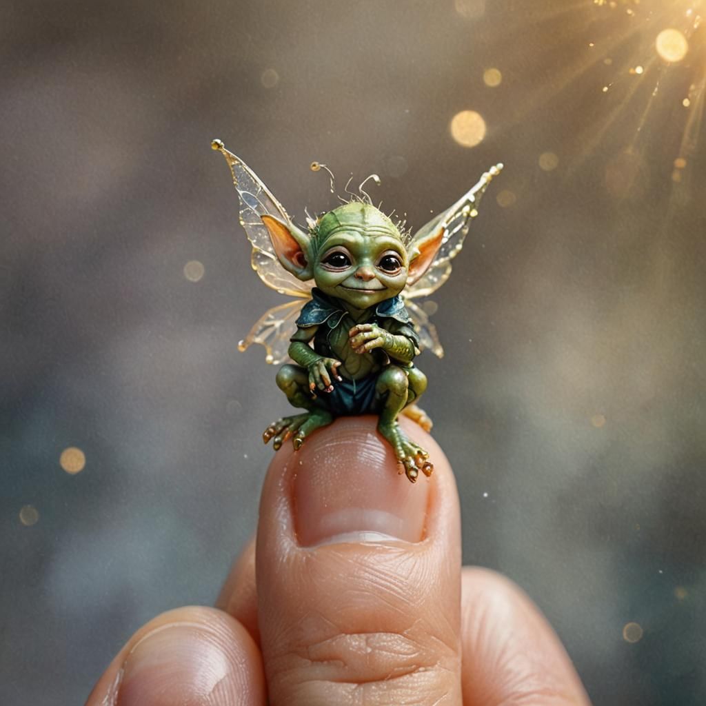 Goblin Fairy on Fingertip: Watercolor Illustration