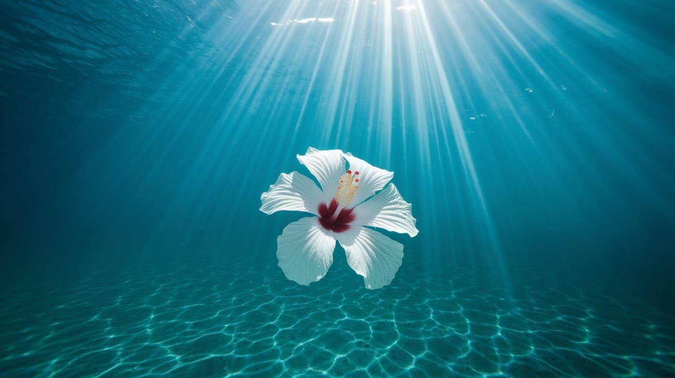 Underwater Hibiscus Flower in Turquoise Sea with Sunrays