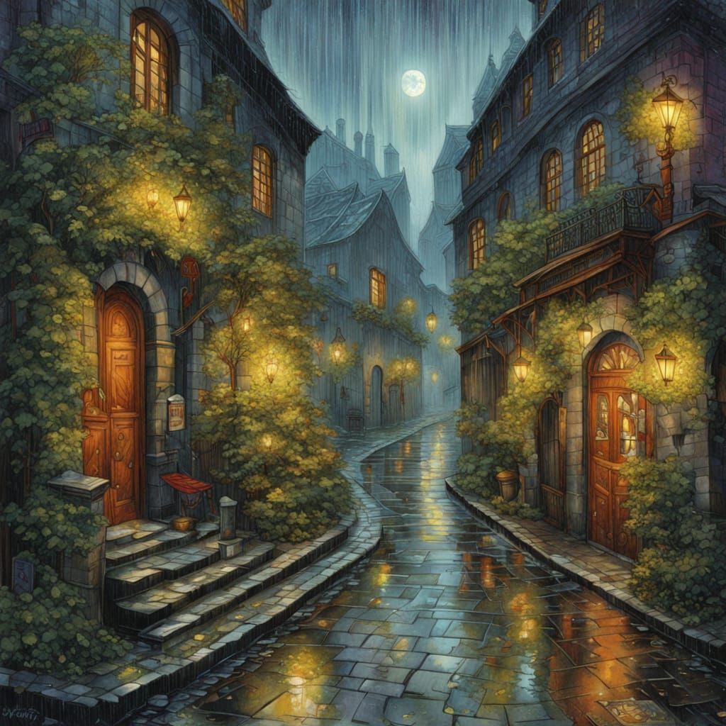 Mystic Fantasy Rainy Alley with Glitter Splashes