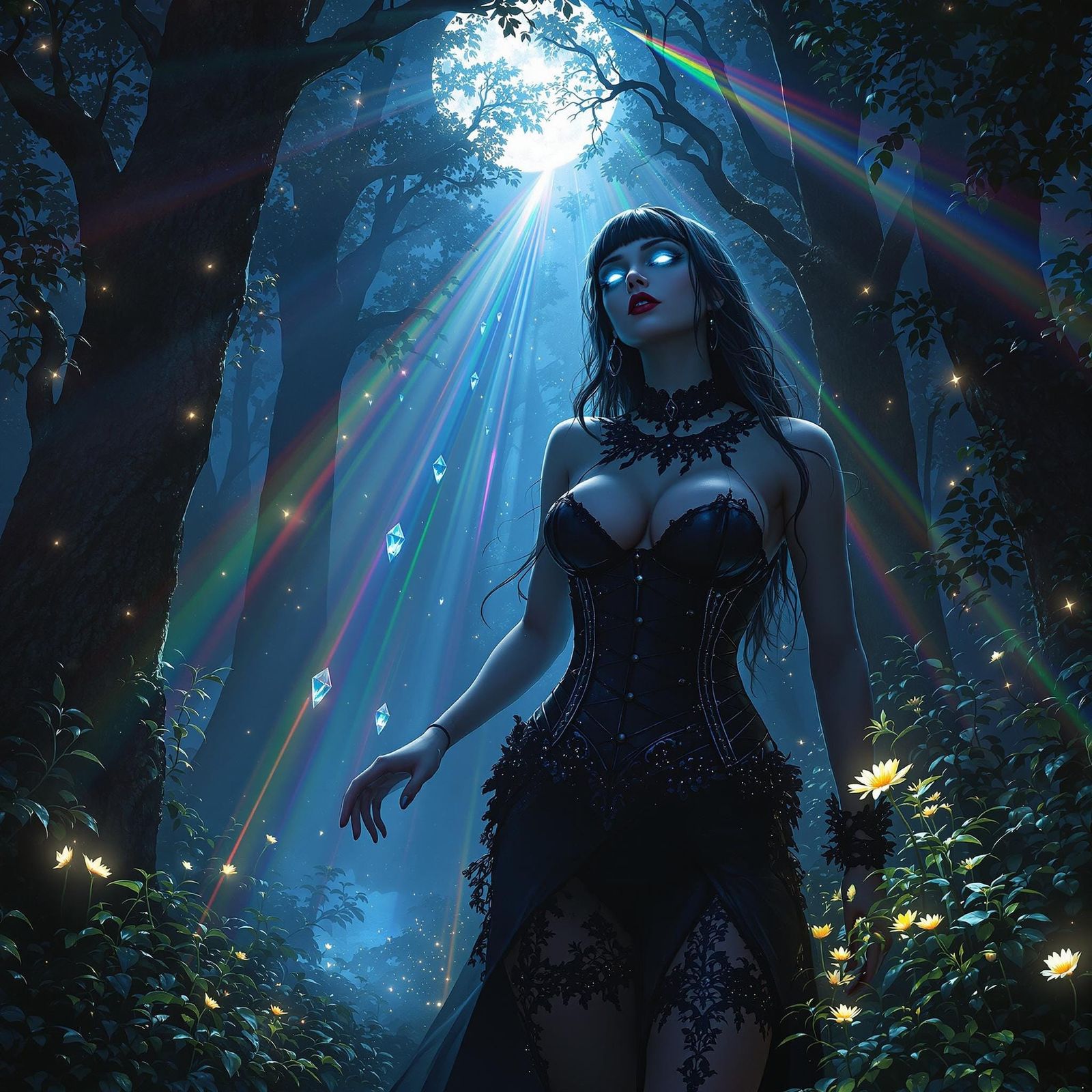 Gothic Huntress in Moonlit Forest with Prism