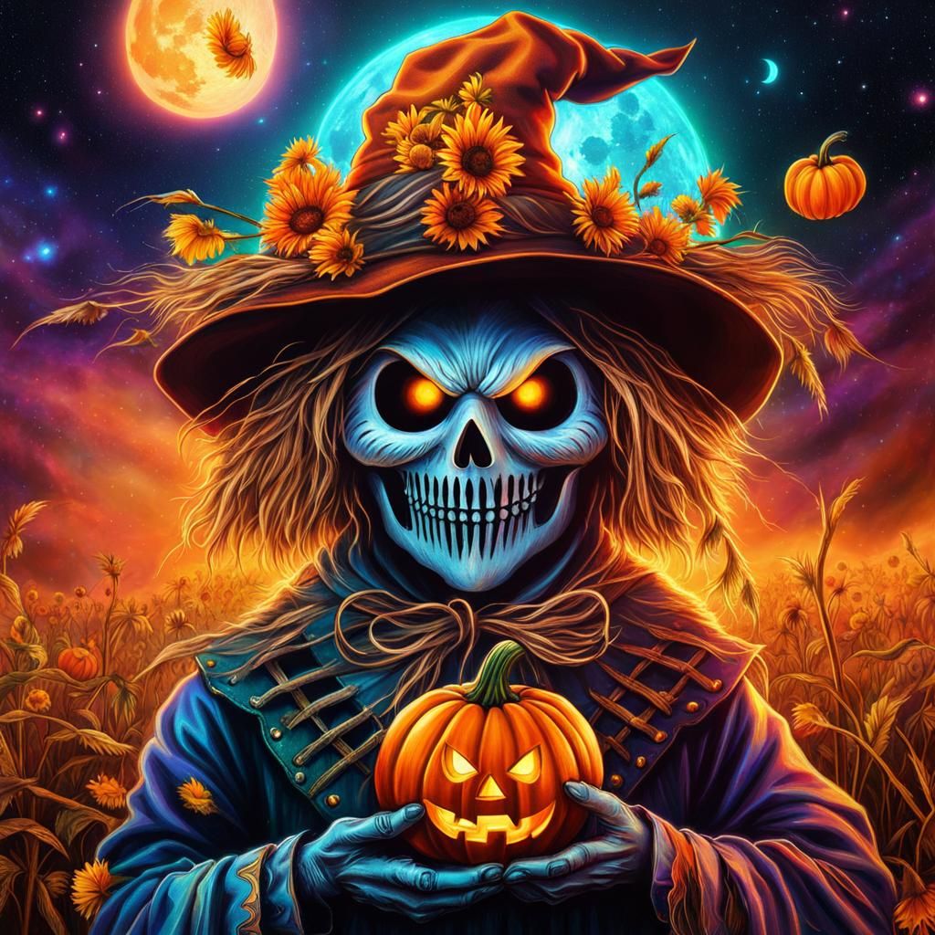 Creepy Scarecrow with Pumpkin Head in Cosmic Style