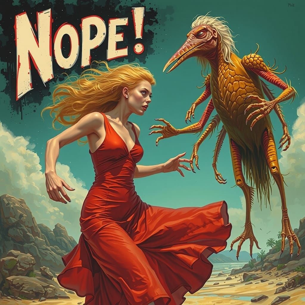 Woman Chased by Grotesque Dodo in Surrealist Magazine