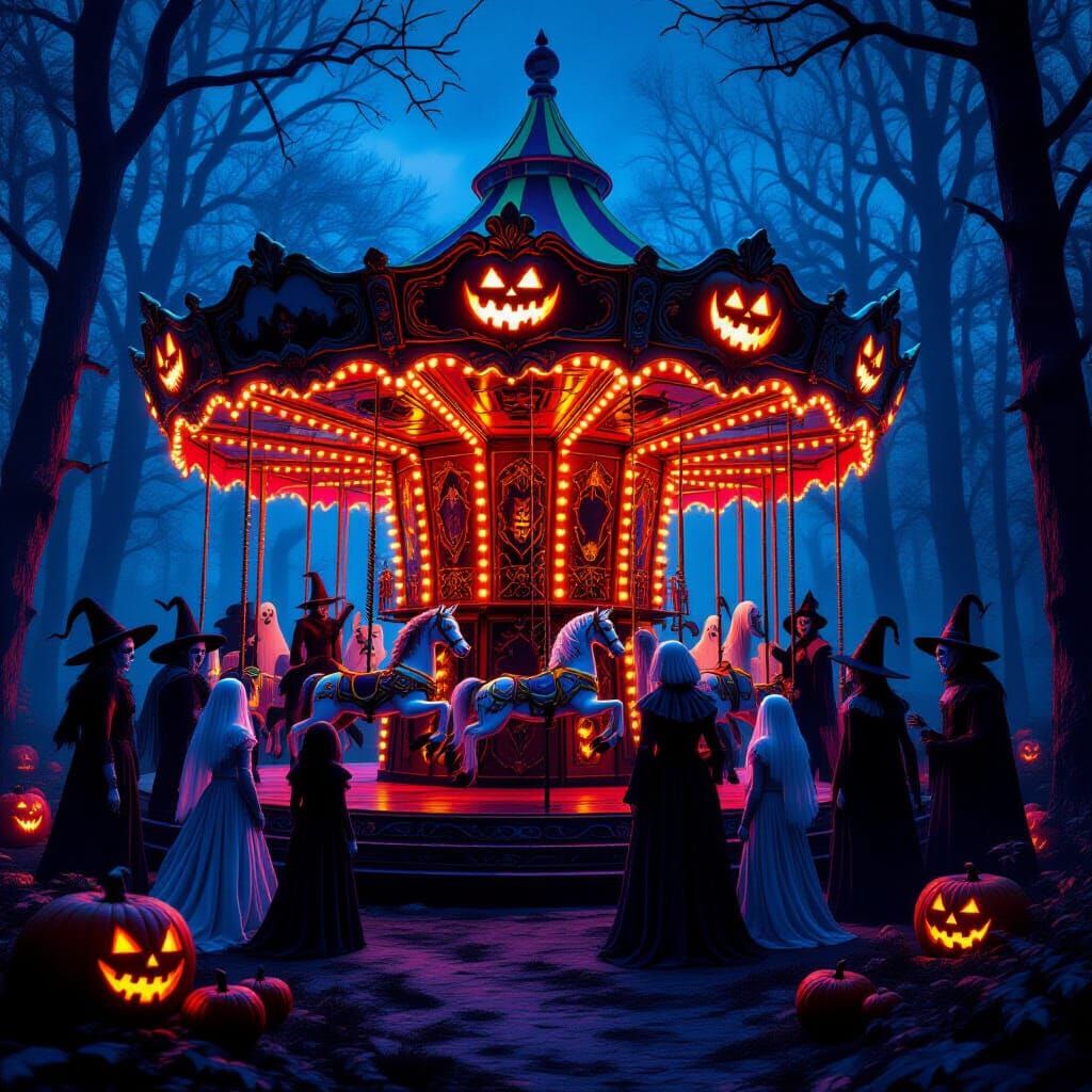 Halloween Carousel with Ghouls in Misty Forest