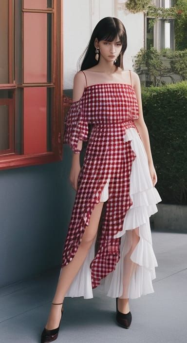French Chic: Dark Haired Woman in Red Gingham Dress