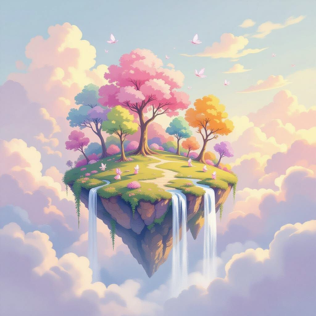 Ethereal Floating Island in Pastel Sky with Candy Trees