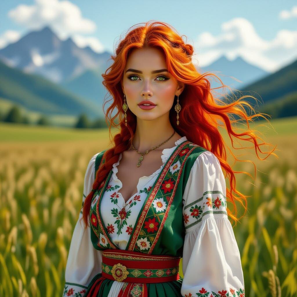 Woman in Ukrainian Attire Amidst Carpathian Mountains