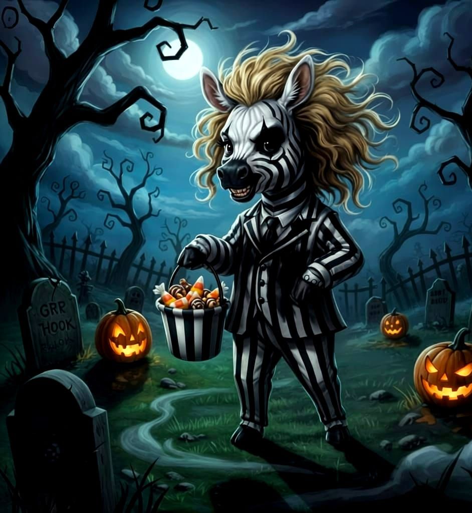 Baby Zebra as Beetlejuice in Spooky Graveyard