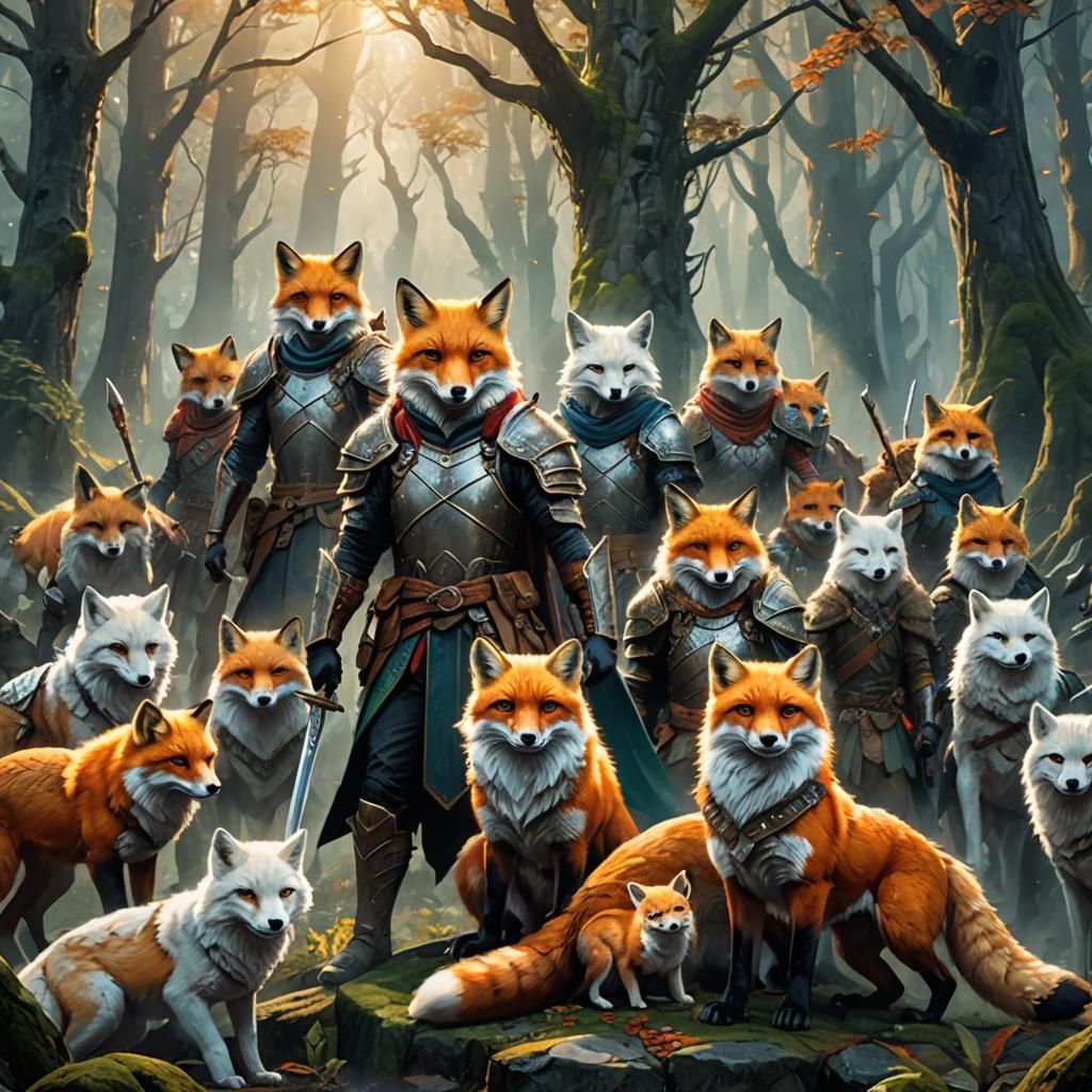 Epic Fantasy Fox Warriors Unite in Ancient Ruins