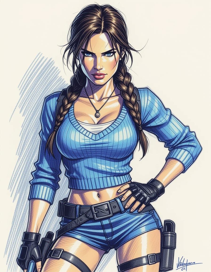 Lara Croft Blue Pencil Sketch Magazine Pose