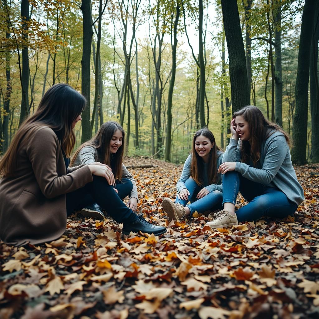 Young Women Play in Autumn Woods