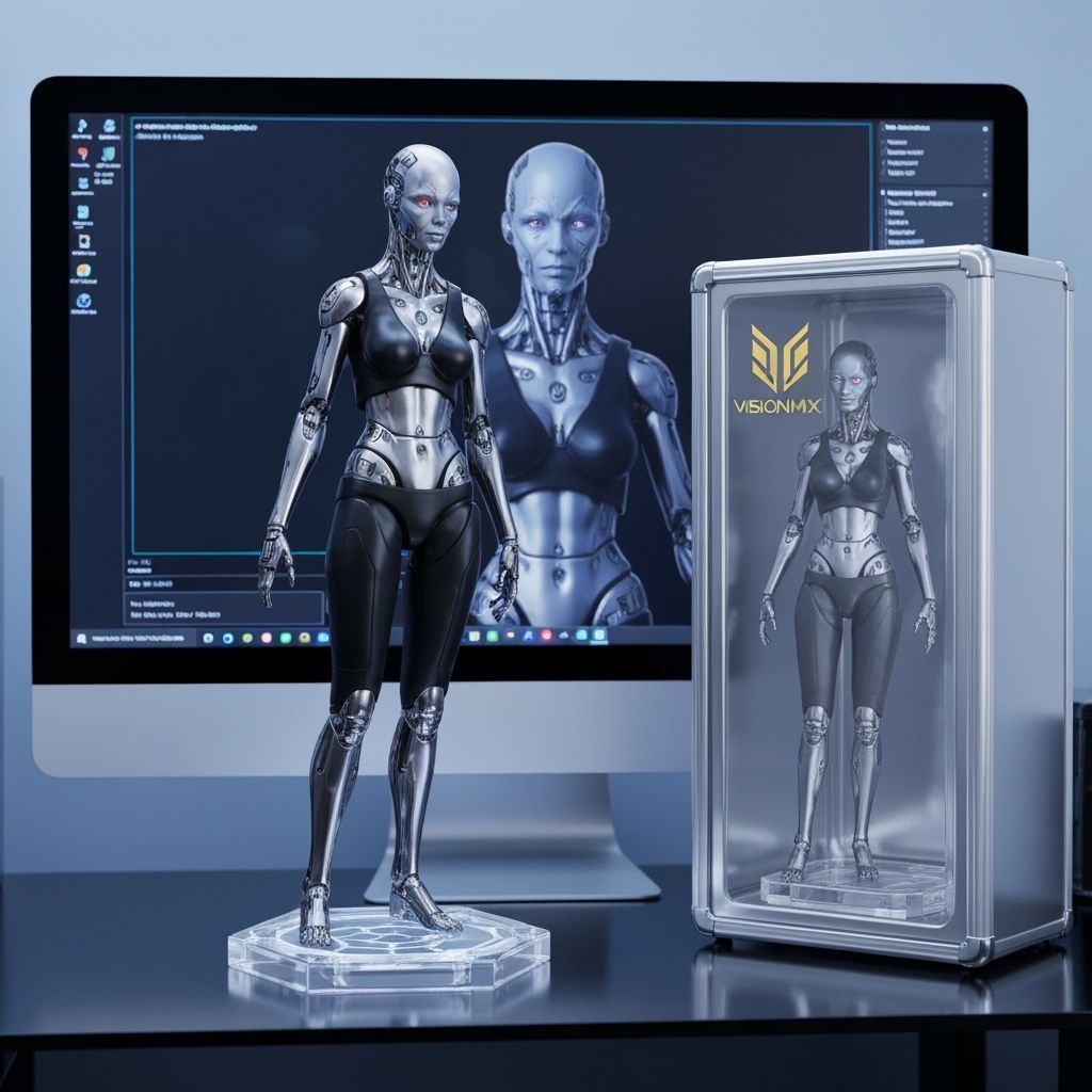 Charming Cyborg in Shiny Metal on Computer Desk