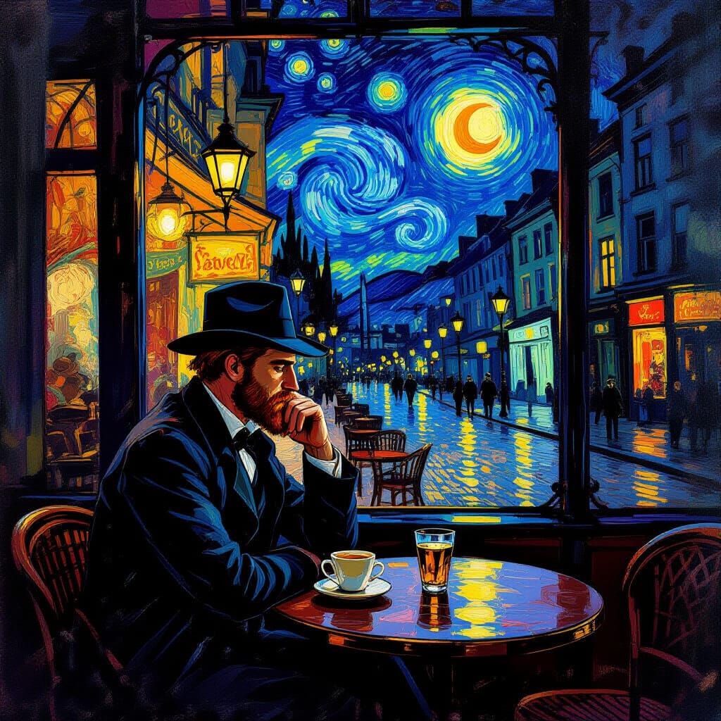 Art Nouveau Van Gogh at Cafe Under Moody Night Sky