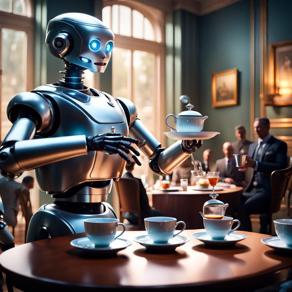 Dapper Robot Butler Serves Tea: Hyperrealistic 8K
