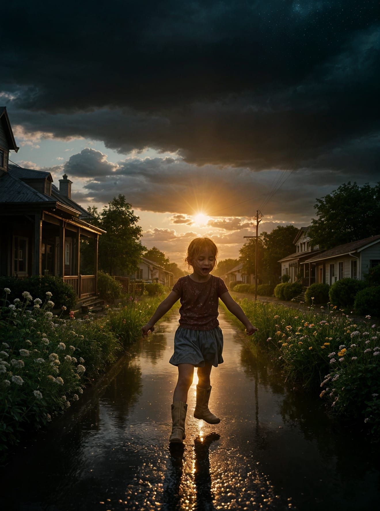 Child Dancing in Summer Rain: Cinematic Film Still