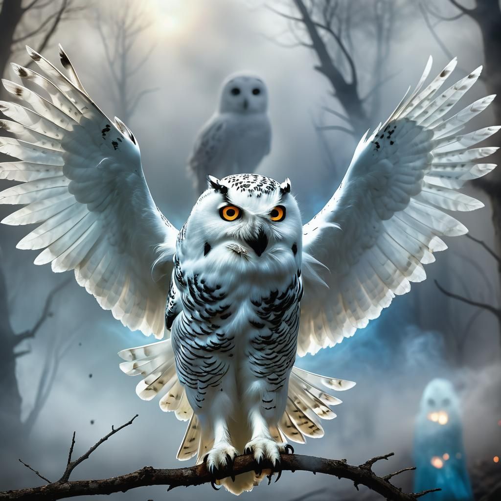 Ethereal Snowy Owl with Ghost Apparition: Digital Matte Pain...