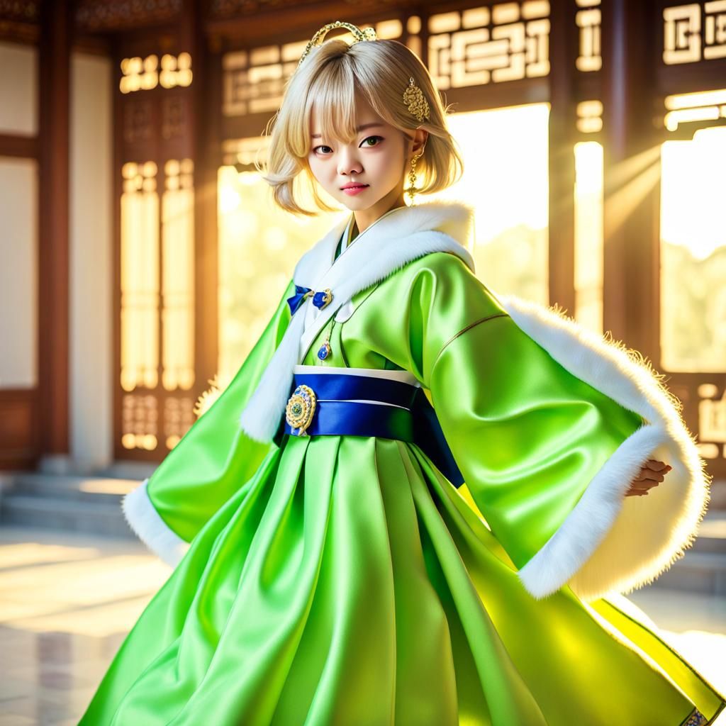 Anime Girl in Hanbok in Korean Palace