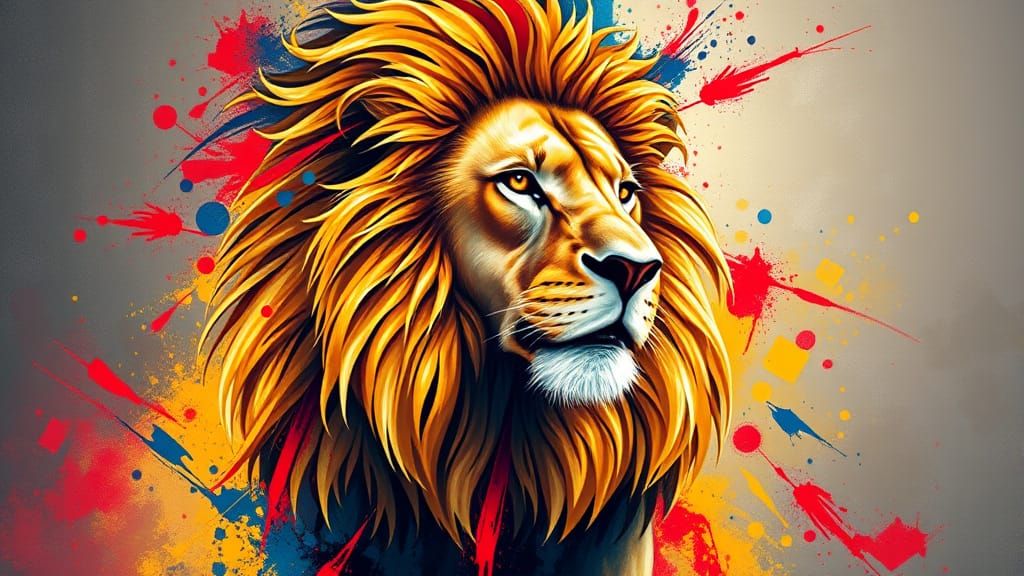 Abstract Lion with Flowing Mane in Splash Art Style