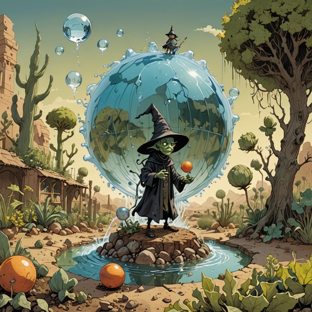 Whimsical Goblin Wizard Waters Desert Garden