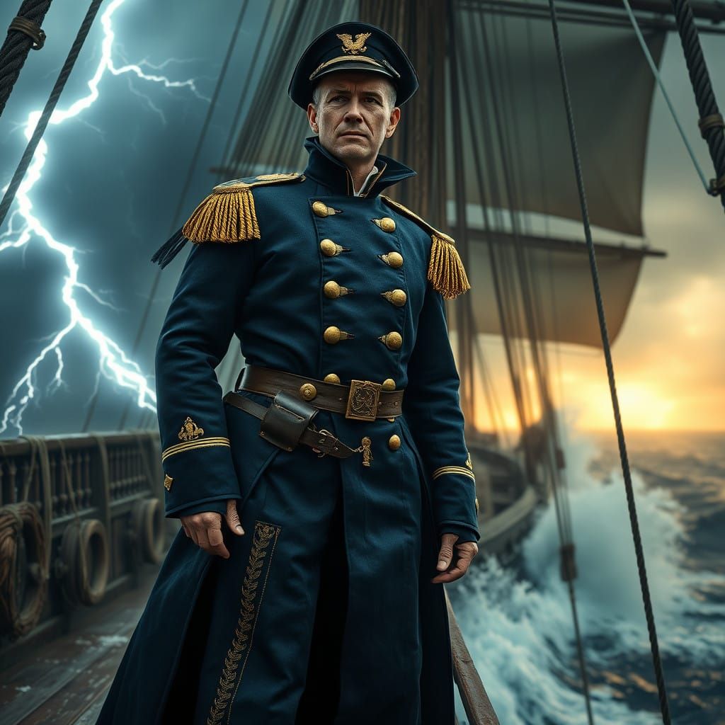 19th-Century Naval Officer in Turbulent Stormy Seas