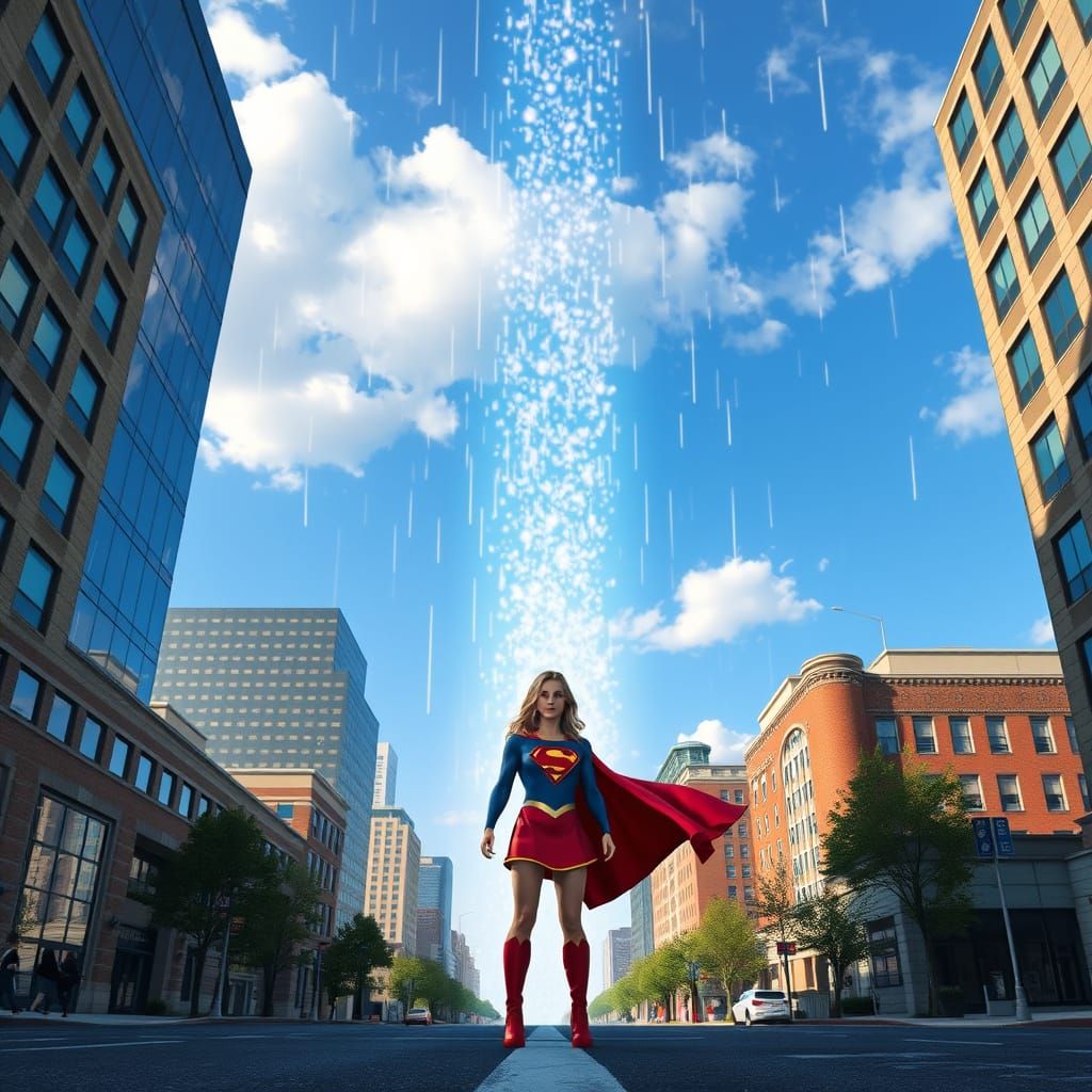 Supergirl Stands Tall Amidst Falling Sky in City Street