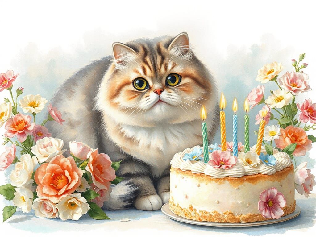 Whimsical Cat Birthday Celebration with Pastel Flowers