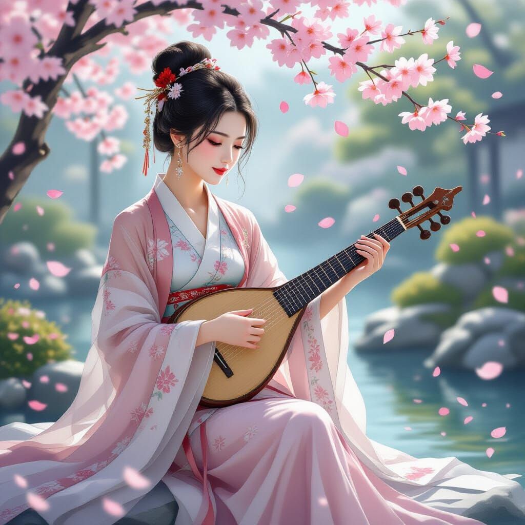 Serene Asian Woman in Garden with Cherry Blossoms