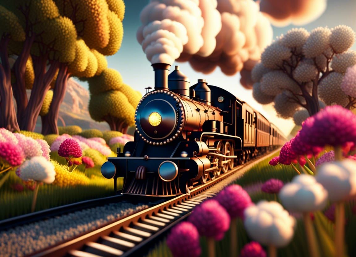 Floral Landscape with Old Steam Engine Train