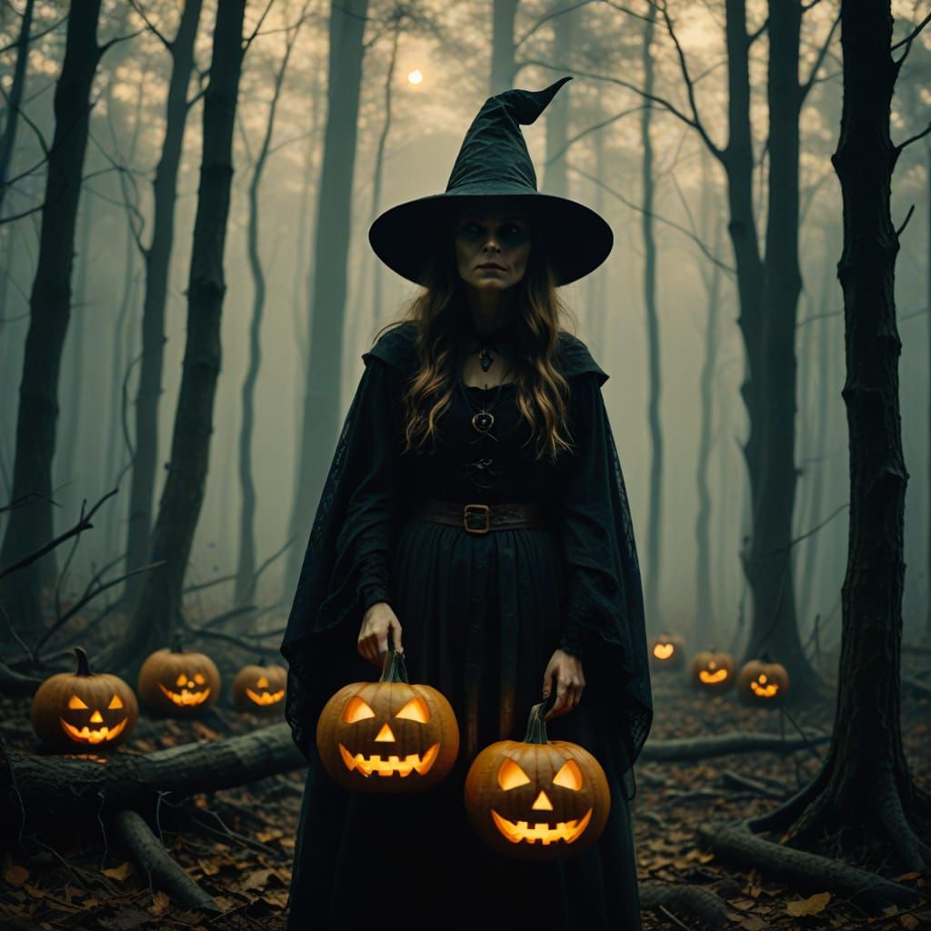 Witch in Haunted Forest with Jack-o-Lanterns
