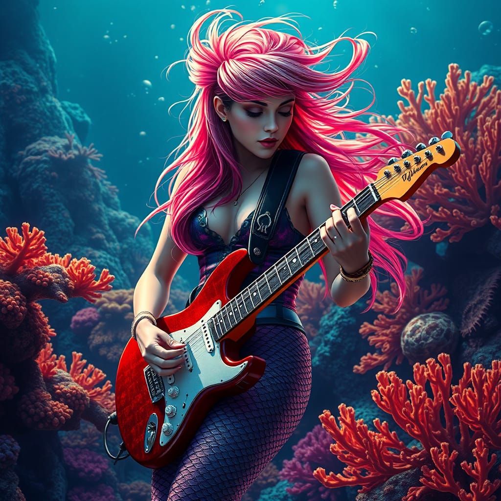 Mermaid Shreds Guitar in Coral Reef, Splash Art