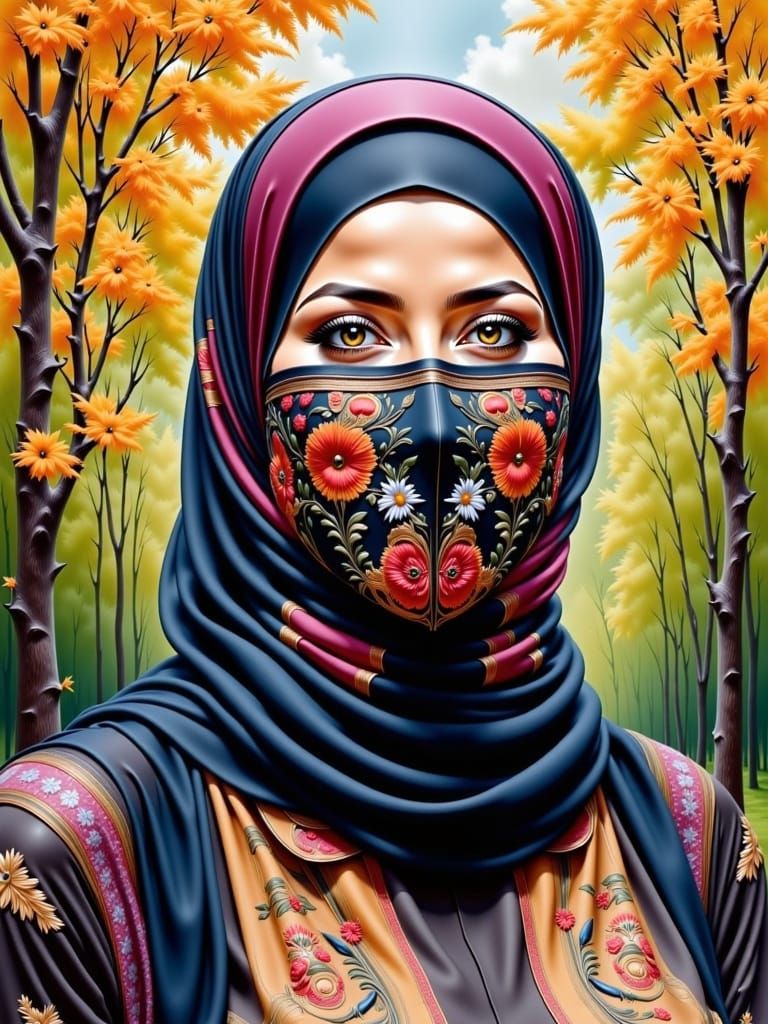 Woman in Hijab and Mask, Oil-Guache Style