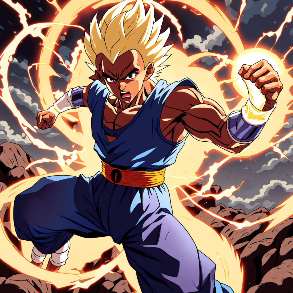 A powerful, anime-style Barack Obama, in the middle of an epic Dragon Ball Z-inspired fight. He is wearing a battle-worn...