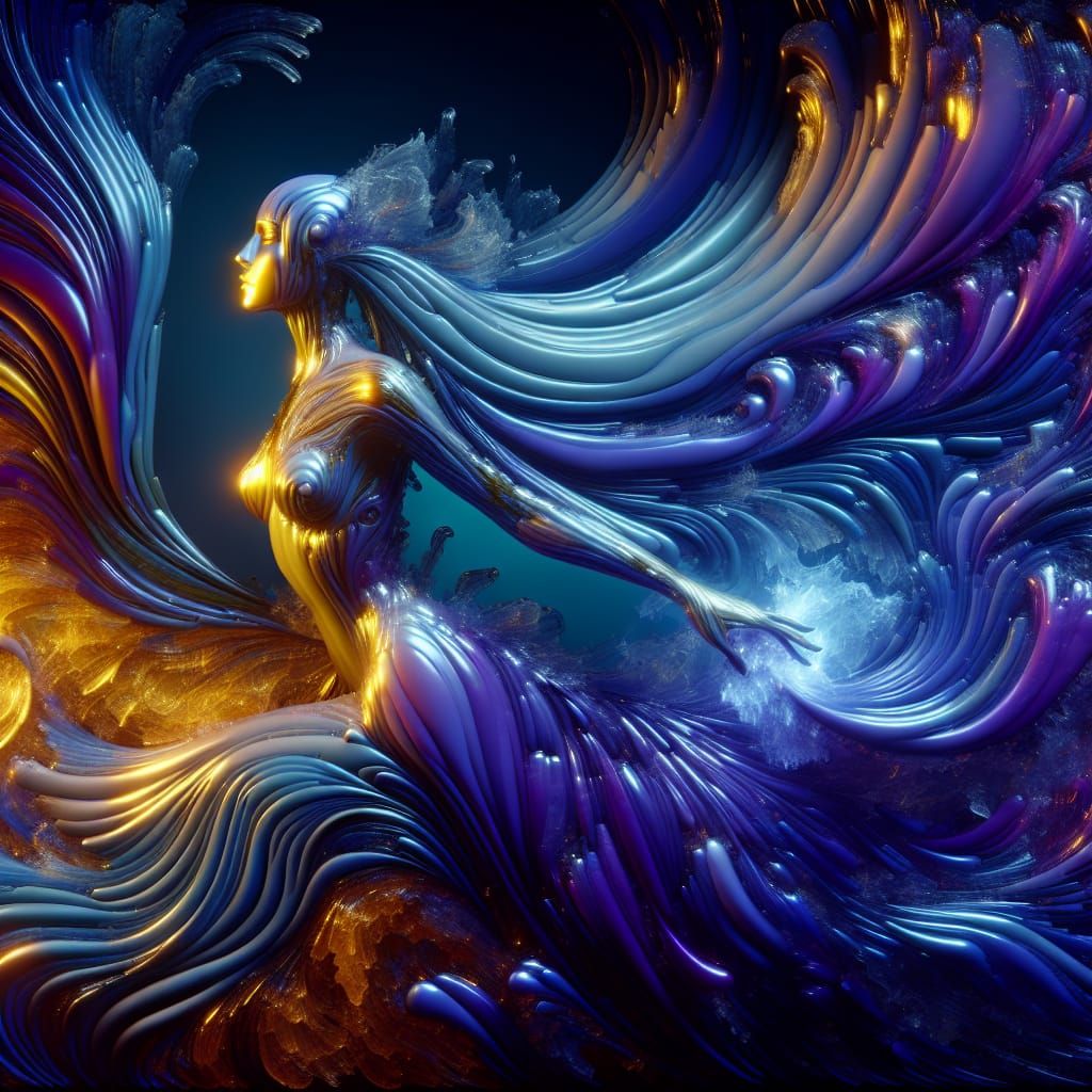 Blue Glass Woman in Gothic Art Nouveau Style