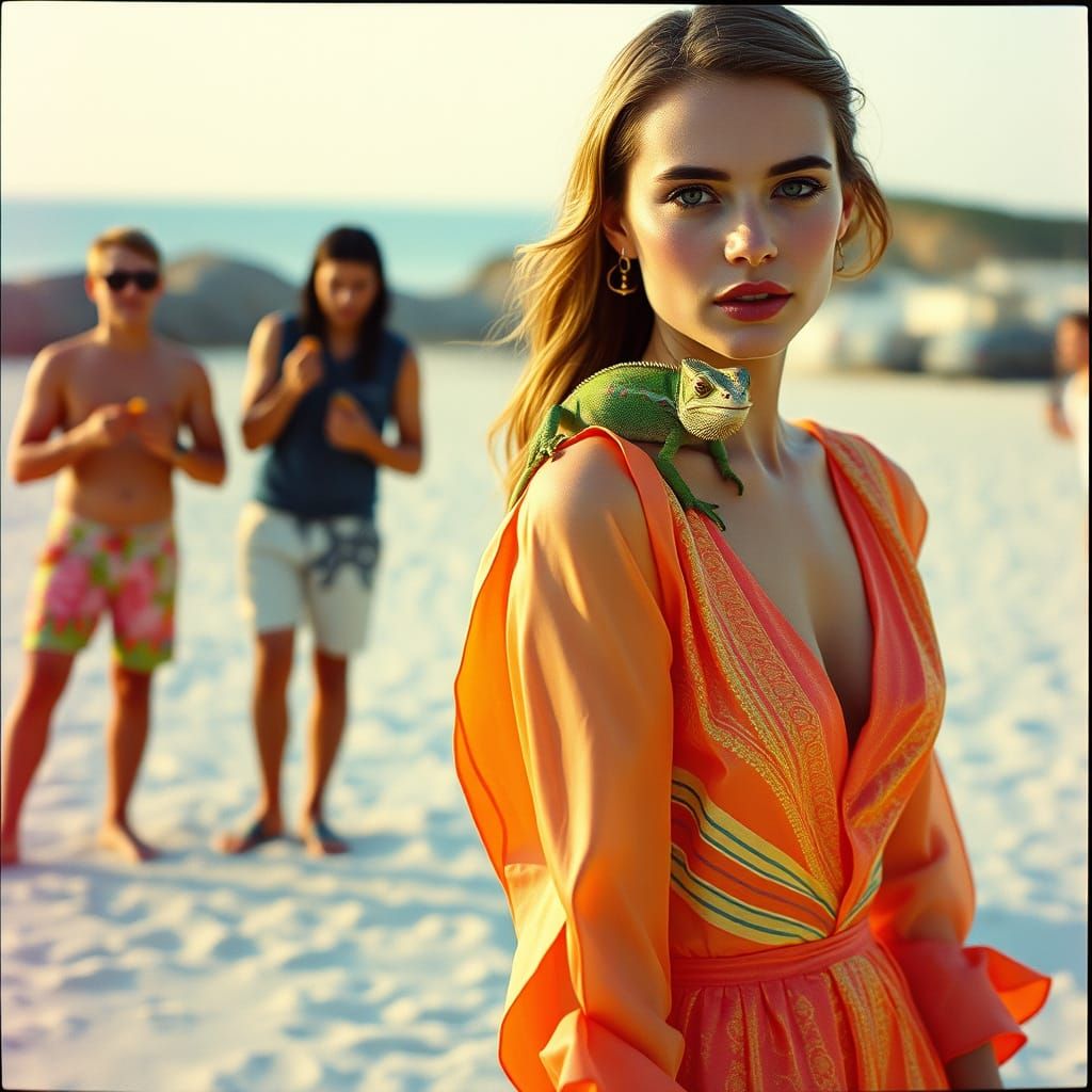 Russian Model with Chameleon, Beach Scene, Film Grain