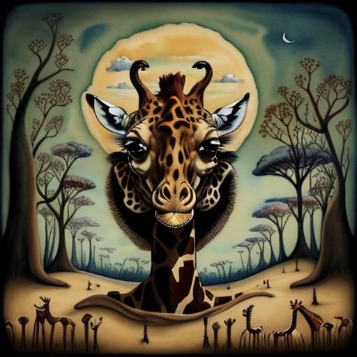 Surreal Giraffe Eating Cupcakes: Dali-esque Watercolor