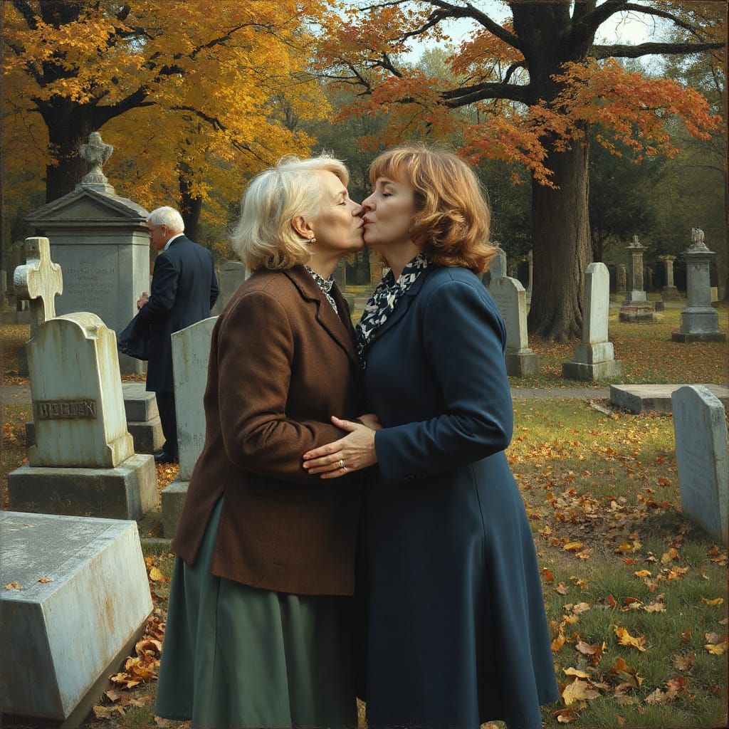 Office Workers Kiss in Autumn Cemetery Oil Painting