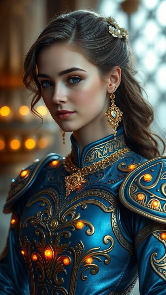A stunning woman adorned in an intricately detailed, metallic blue and gold outfit, her delicate jewelry shimmering as s...