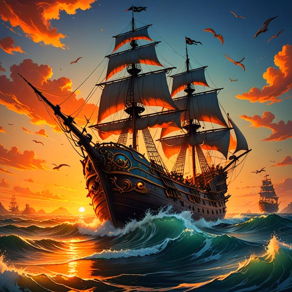 Surreal 3D Pirate Ship Attacked at Sunset
