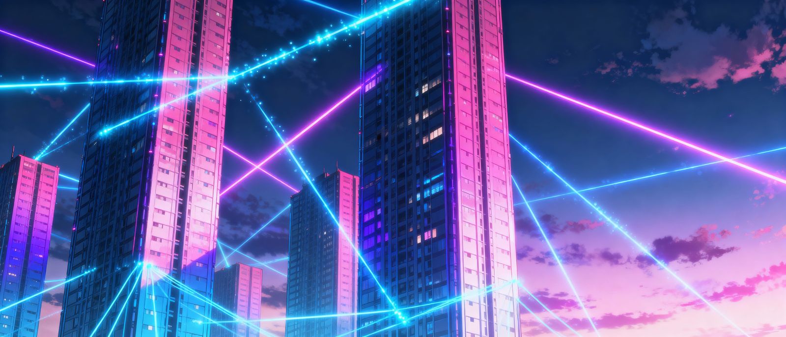 Vibrant Anime Cityscape with Glowing Fiber Optic Networks