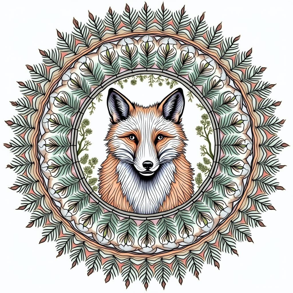 Symmetrical Forest Mandala in Intricate Black and White Line...