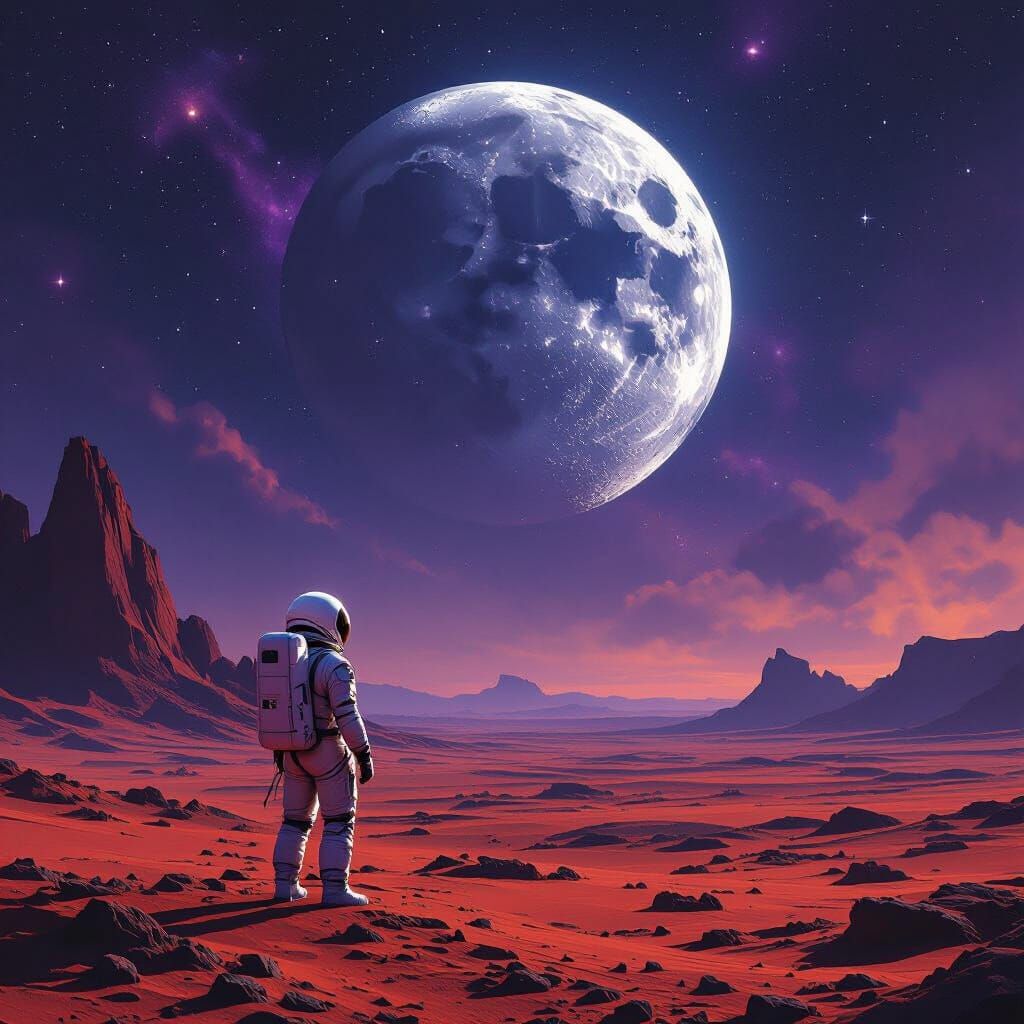 Astronaut Gazes at Shattered Moon on Alien World