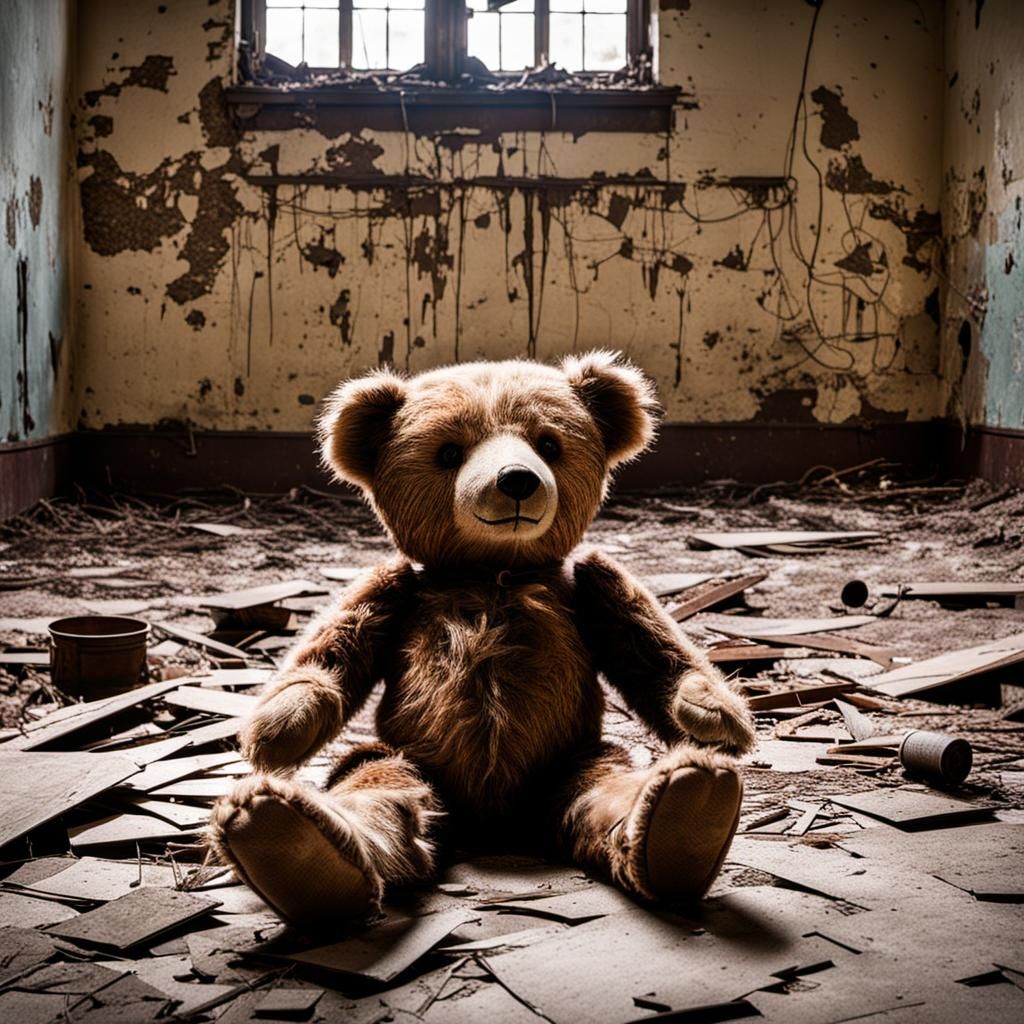 Abandoned Orphanage Interior with Teddy Bear