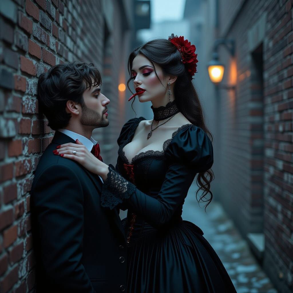 Vampire Biting Wrist in Misty Victorian Alley